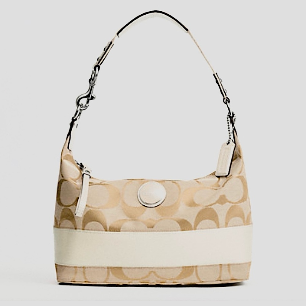 EUC Coach Signature Sufflette Canvas & Leather Hobo Shoulder Bag, Khaki/White